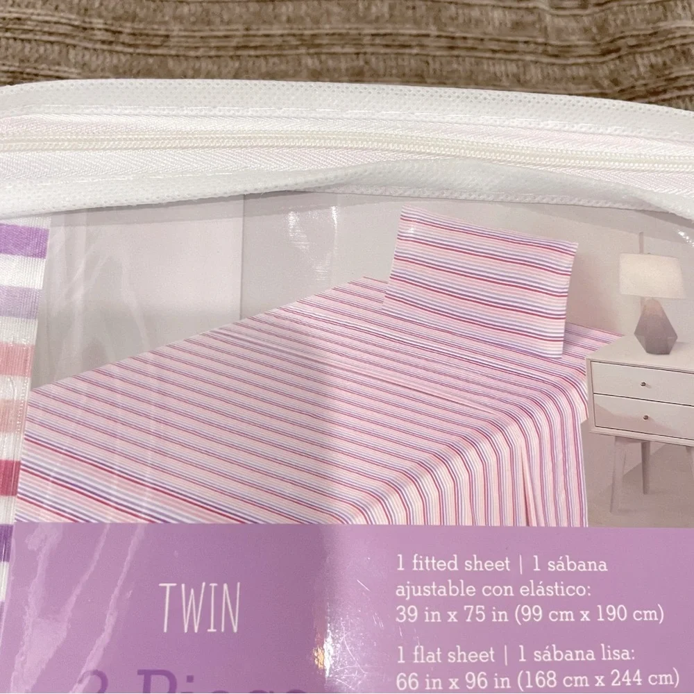 NEW‎ Twin 3 Piece Sheet Set Purple Pink White Striped Bedding